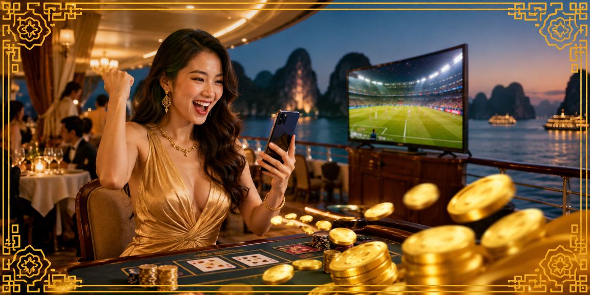 Khung cảnh vịnh Hạ Long về đêm gợi liên tưởng đến trải nghiệm baccarat sang trọng trực tuyến