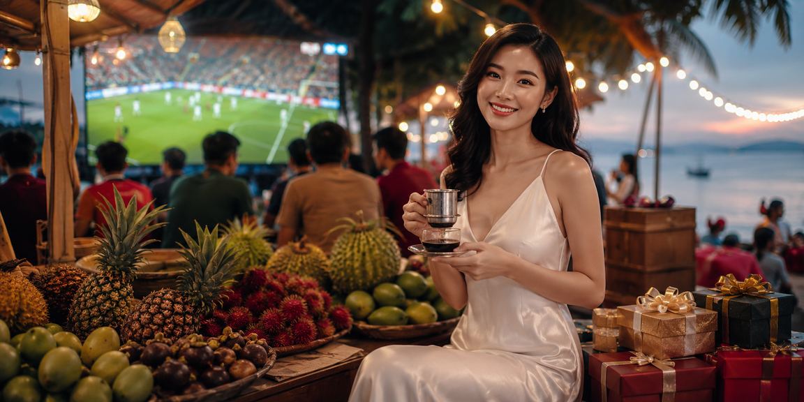 Người chơi xem cá cược bóng đá Việt Nam bên ly cà phê sáng bên sông Mekong